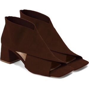 Open Toe Booties Side Cut-Out Ankle Peep Toe 2” Block Mid Dark Brown Zipper